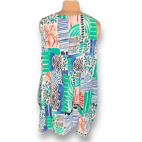 Orientque Alberobello Dress Blue Green Abstract Print Sleeveless Linen Blend - Picture 7 of 12